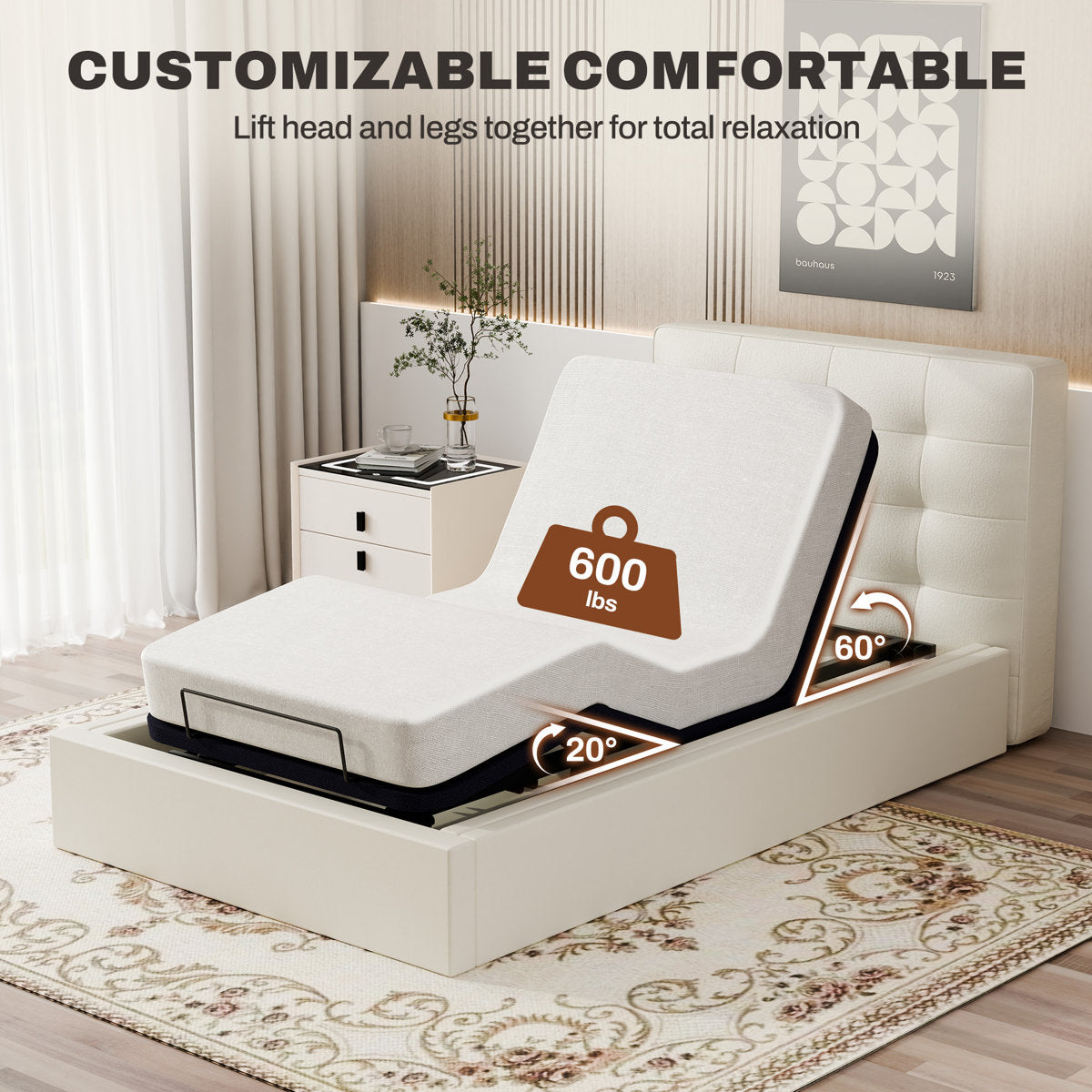 Boltz Adjustable Bed Frame with 5-Part Design & Corded Remote Control