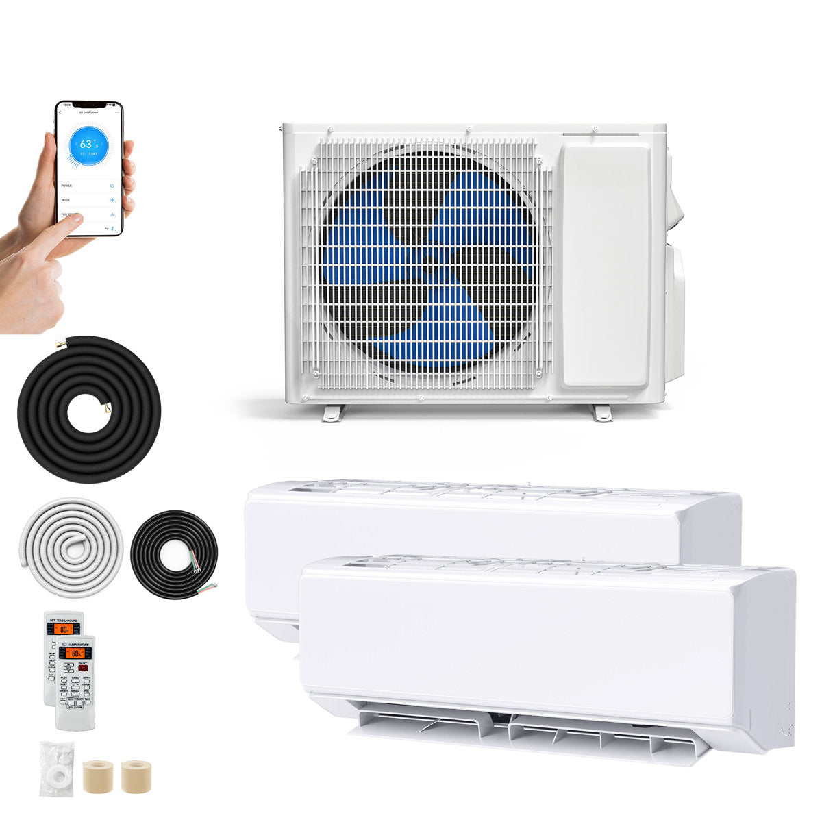 18000 BTU Dual Zone Ductless Mini Split Air Conditioner and Heat Pump System with WiFi